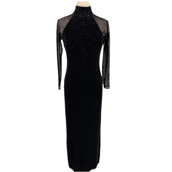 90s Vtg Black Sheer Sleeve Beaded Shimmer Fitted Maxi Dress Goth Whimsigoth 8 - Picture 1 of 15